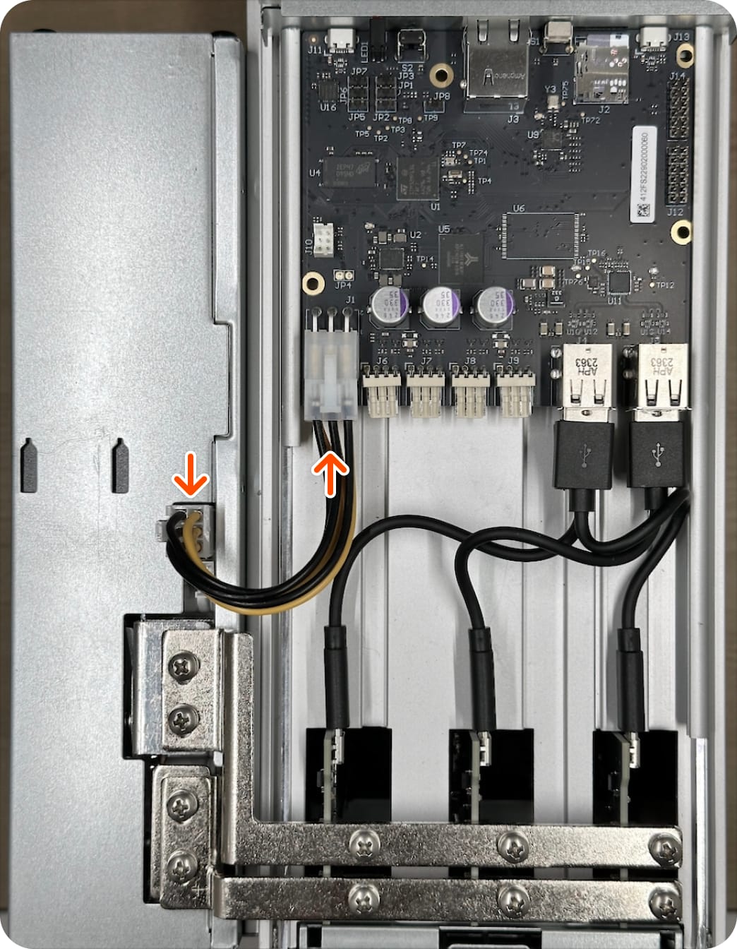 Top view of 6 pin to 6 pin connection to PSU and controller board